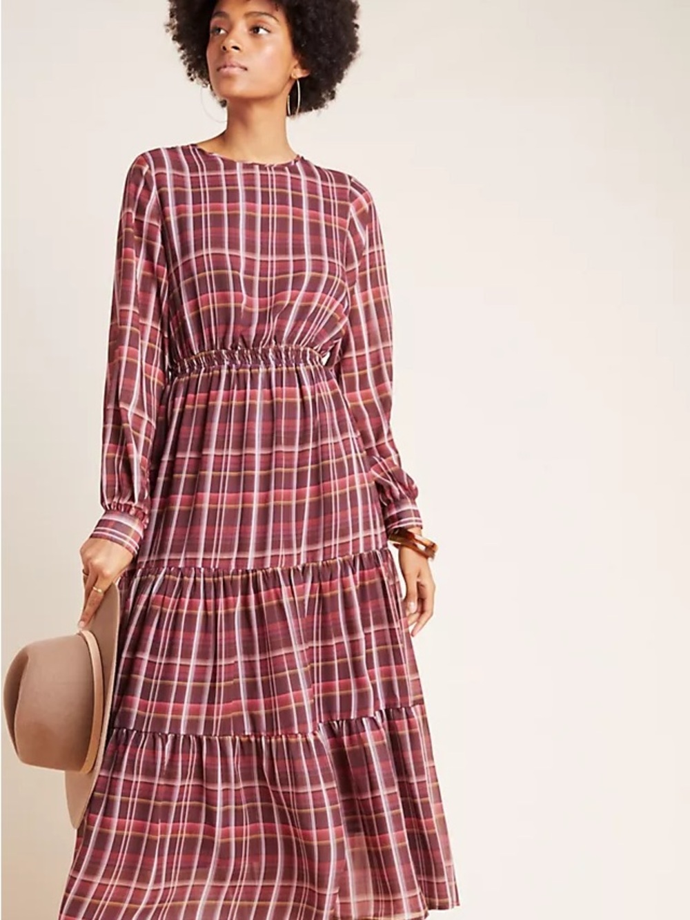 Anthropologie Burgundy Plaid Tiered Midi Dress